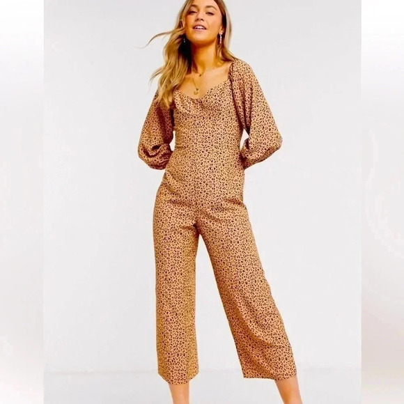 ASOS DESIGN square neck puff sleeve jumpsuit in micro leopard print Size 2 NWT - Picture 1 of 7